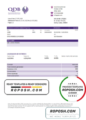 Qatar Development Bank statement template, Excel and PDF format (.xls and .pdf)