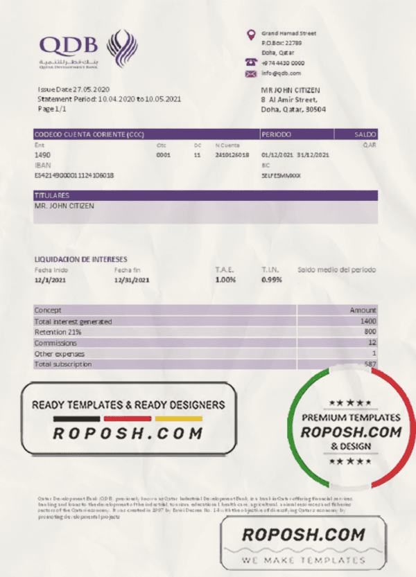 Qatar Development Bank statement template, Excel and PDF format (.xls and .pdf)