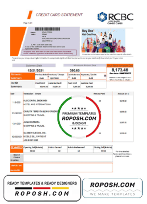 Philippines Rizal Commercial Banking Corporation (RCBC) credit card statement template in .xls and .pdf file format