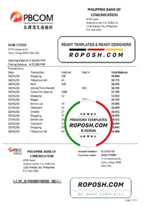 Philippines Bank of Communications proof of address bank statement template in Word and PDF format