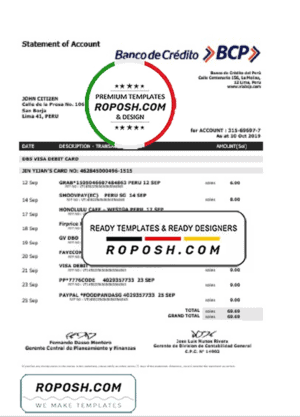 Peru Banco de Credito del Peru (BCP) proof of address bank statement template in Word and PDF format