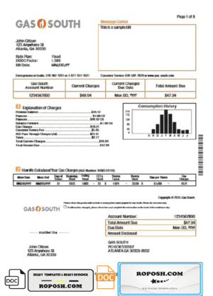 USA New York Gas South utility bill template in Word and PDF format