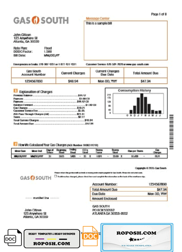 USA New York Gas South utility bill template in Word and PDF format