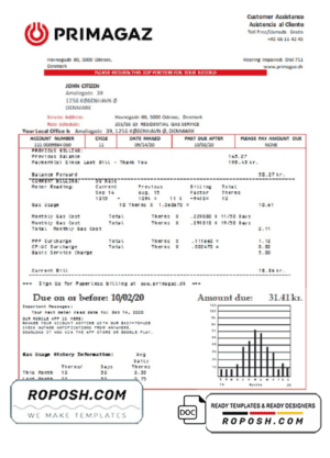 Denmark Primagaz Denmark gas utility bill template in Word and PDF format