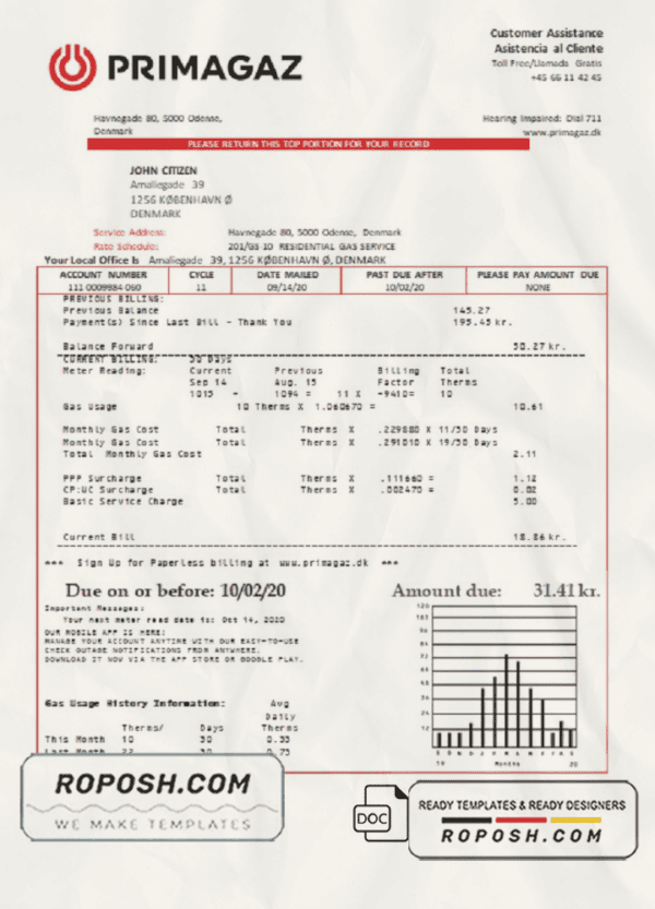 Denmark Primagaz Denmark gas utility bill template in Word and PDF format