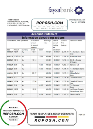 Pakistan Faysal Bank statement easy to fill template in .xls and .pdf file format