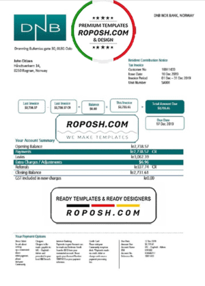 Norway DNB bank proof of address statement template in Word and PDF format
