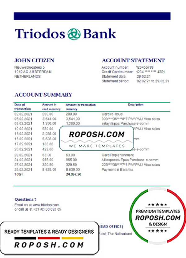 Netherlands Triodos Bank statement easy to fill template in Excel and PDF format