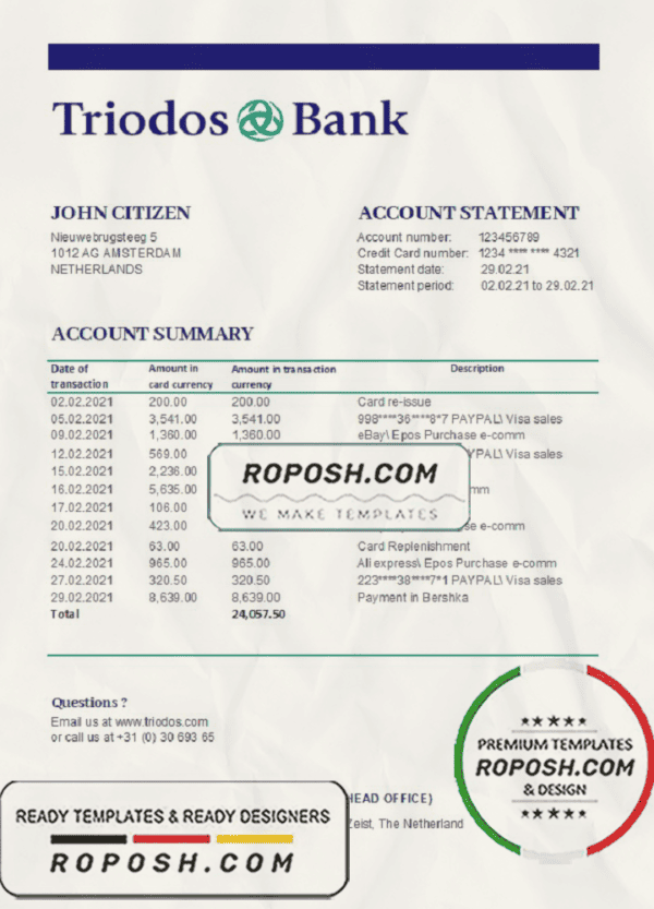 Netherlands Triodos Bank statement easy to fill template in Excel and PDF format