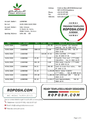 Morocco Credit Agricole bank statement template in Word and PDF format, good for address prove