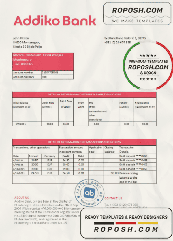 Montenegro Addiko Bank statement easy to fill template in .xls and .pdf file format