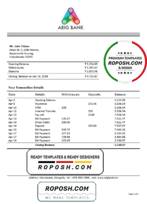 Mongolia Arig Bank proof of address statement template in Word and PDF format