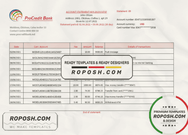 Moldova Procredit bank statement easy to fill template in .xls and .pdf file format