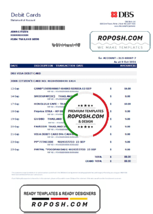Thailand DBS bank proof of address statement template in Word and PDF format