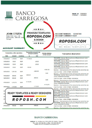 Portugal Banco Carregosa bank statement in Word and PDF format