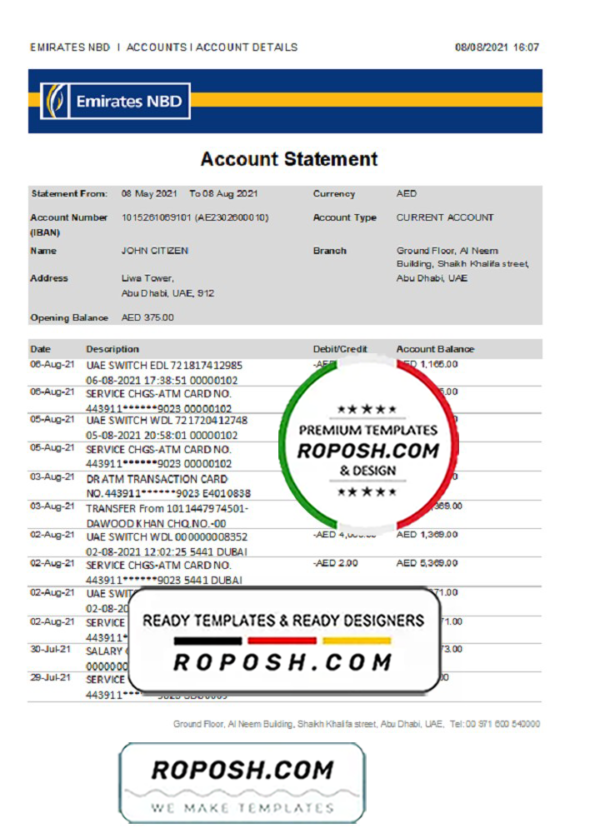 UAE Abu Dhabi Emirates NBD bank statement template in Word and PDF format, good for address prove