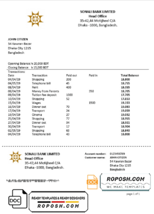 Bangladesh Sonali Bank proof of address statement template in Word and PDF format (.doc and .pdf)