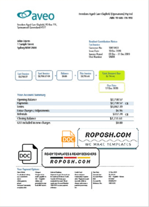 Australia Aveo bank statement template in Word and PDF format