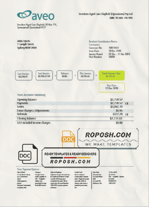 Australia Aveo bank statement template in Word and PDF format