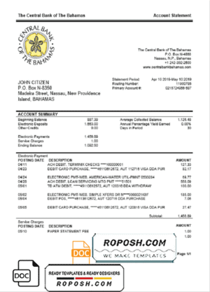 Bahamas The Central Bank of The Bahamas bank statement template in Word and PDF format, good for address prove
