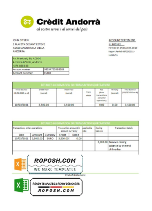Andorra Credit Andorra bank statement template in Excel and PDF format
