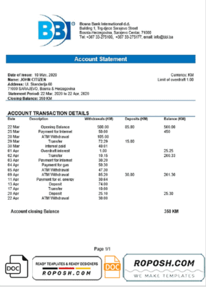 Bosnia and Herzegovina Bosna Bank International proof of address bank statement template in Word and PDF format