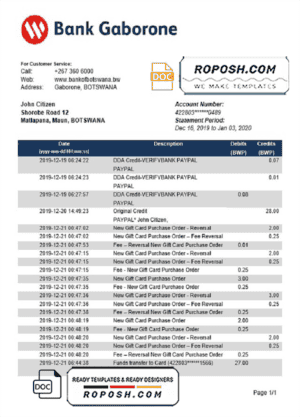 Botswana Bank Gaborone proof of address bank statement template in Word and PDF format
