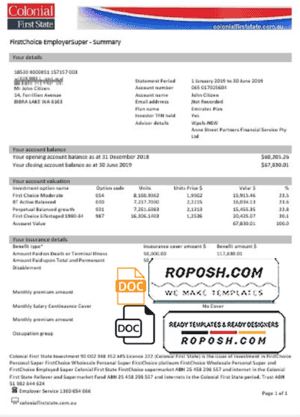 Australia Colonial First State bank statement template, Word and PDF format (.doc and .pdf)