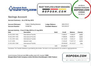 Thailand Bangkok Bank Savings Account statement template in Word and PDF format