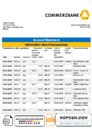Belize Commerzbank bank statement template in Word and PDF format, good for address prove