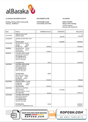Bahrain Al Baraka bank statement template in Word and PDF format