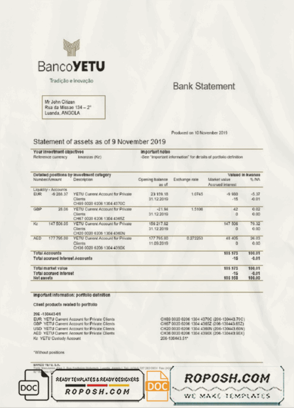 Angola Banco Yetu bank statement easy to fill template in Word and PDF format