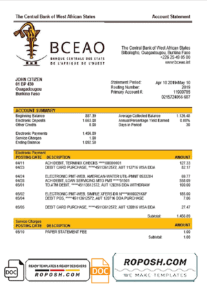 Burkina Faso The Central Bank of West African States bank statement template, Word and PDF format (.doc and .pdf)