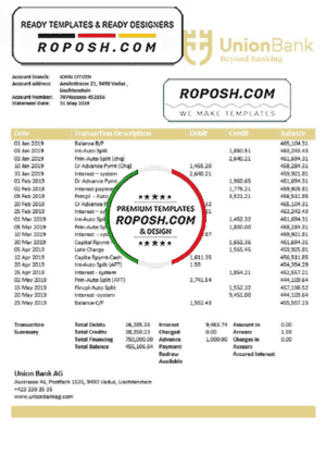 Liechtenstein Union Bank AG statement template in Word and PDF format