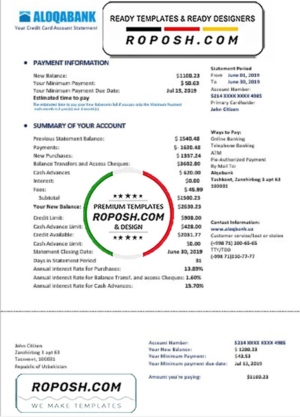 Uzbekistan Aloqabank proof of address statement template in Word and PDF format
