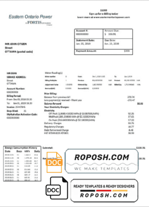 Canada Eastern Ontario Power utility bill template in Word and PDF format