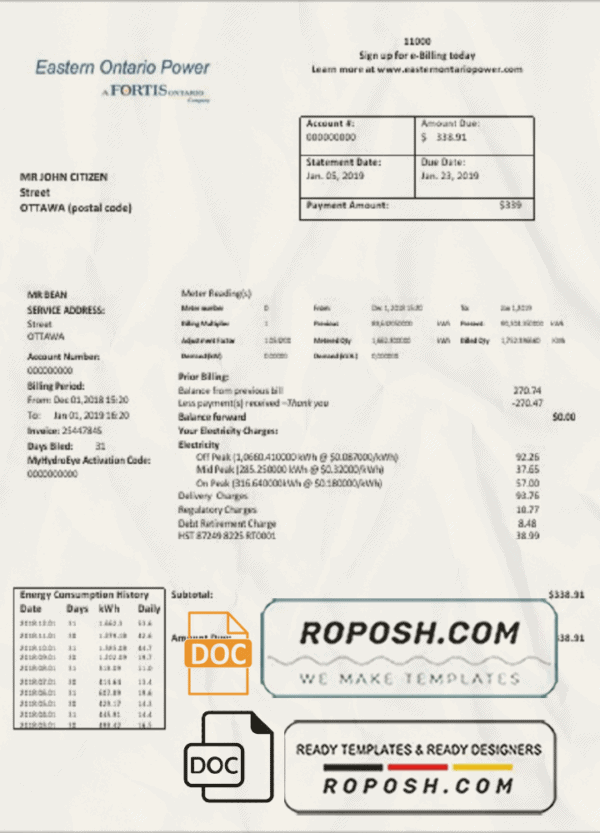 Canada Eastern Ontario Power utility bill template in Word and PDF format