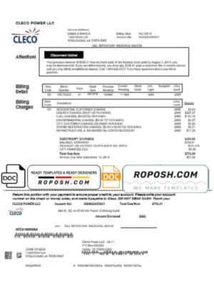 USA Louisiana Cleco Power electricity utility bill template in Word and PDF format