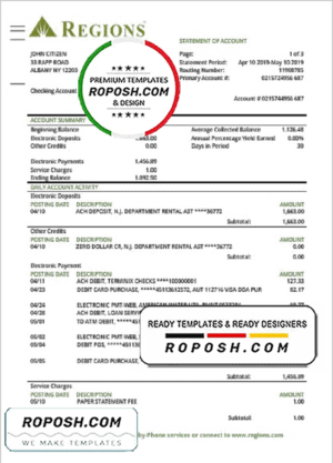 USA Regions bank proof of address statement template in Word and PDF format