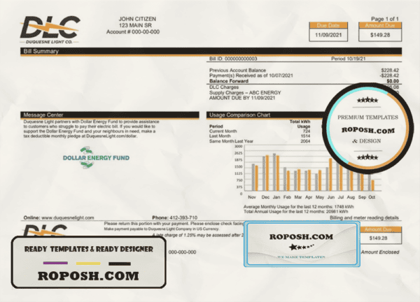 USA Pennsylvania Duquesne Light Company (DLC) utility bill template in Word and PDF format