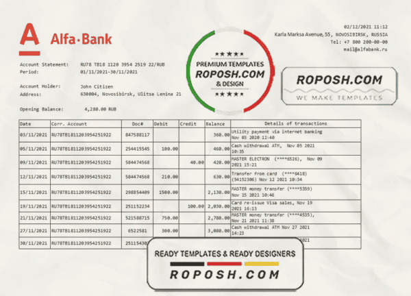 Russia Alfa bank proof of address statement template in Word and PDF format