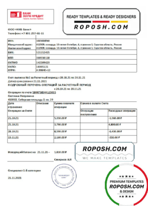 Russia Home Credit bank statement template in Word and PDF format, good for address prove