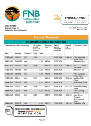 Botswana First National Bank statement template in Word and PDF format, good for address prove