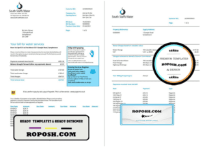 United Kingdom South Staffs Water utility bill template in Word and PDF format, 2 pages
