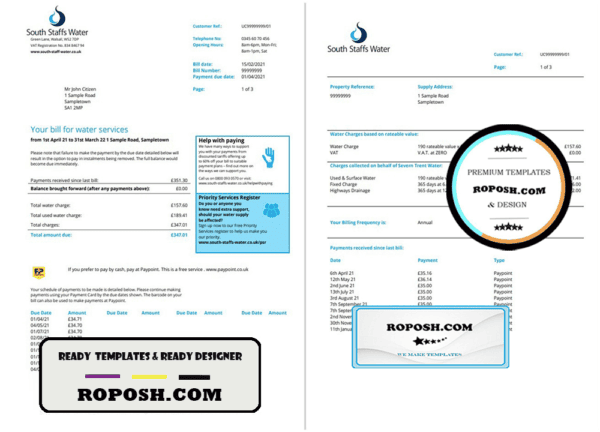United Kingdom South Staffs Water utility bill template in Word and PDF format, 2 pages
