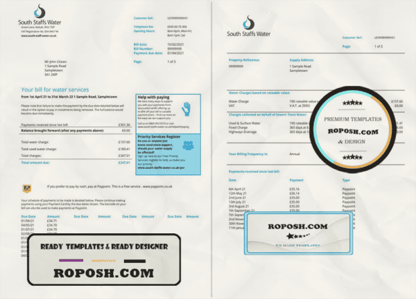 United Kingdom South Staffs Water utility bill template in Word and PDF format, 2 pages