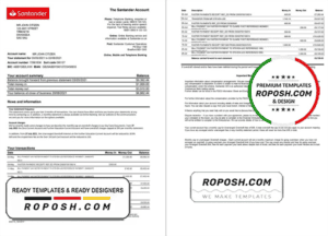 United Kingdom Santander bank statement template in Excel and PDF format (2 pages)