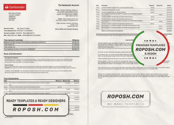 United Kingdom Santander bank statement template in Excel and PDF format (2 pages)