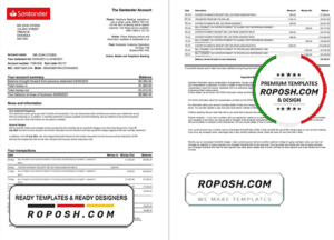 United Kingdom Santander bank statement template in Word and PDF format (2 pages)