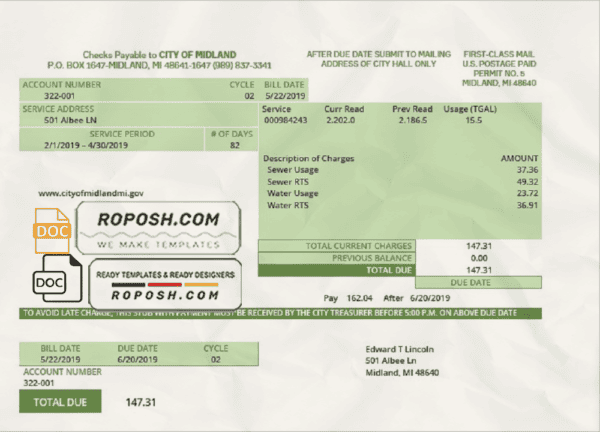 USA Michigan water utility bill template in Word and PDF (.doc and .pdf) format